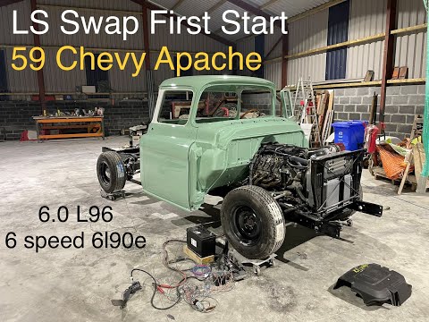 1959 Chevy Apache Truck, Corvette Suspension, 6.0 LS Swap L96 6l90e first start