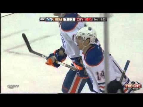 Taylor Hall makes a beauty pass to Jordan Eberle and he finished to the empty net, 04/03/13