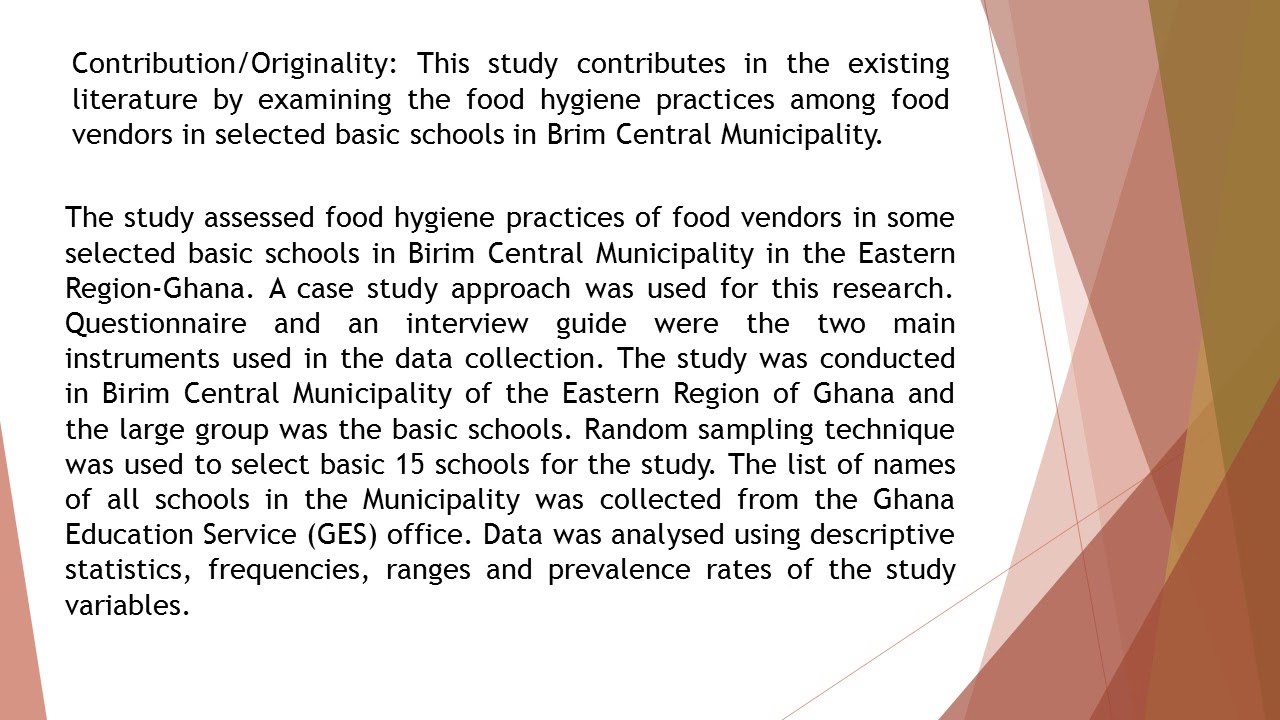 An Assessment of Food Hygiene Practices among Food Vendors in Some Selected Basic Schools in the Bir