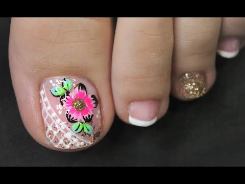 DISEÑO DE UÑAS PARA PIES FLOR Y FRANCES FACIL DE HACER – FLOWERS NAIL ART – FRENCH NAIL ART – NLC
