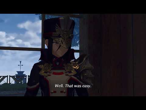 Mòrag underquestion Nia . Cutscene . Xenoblade Chronicles 2 .