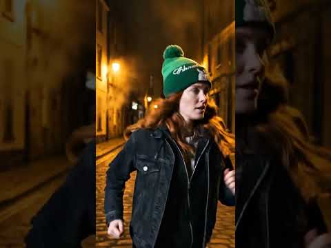 a beautiful irish red head woman wearing a green "Chaud Lapin" beanie, runnin in the street or Irela