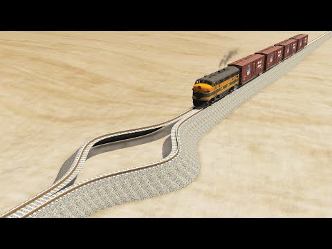 Impossible Wide Splitting Rail Wave Tracks Vs Trains Crossing Giant Pit - BeamNG.Drive