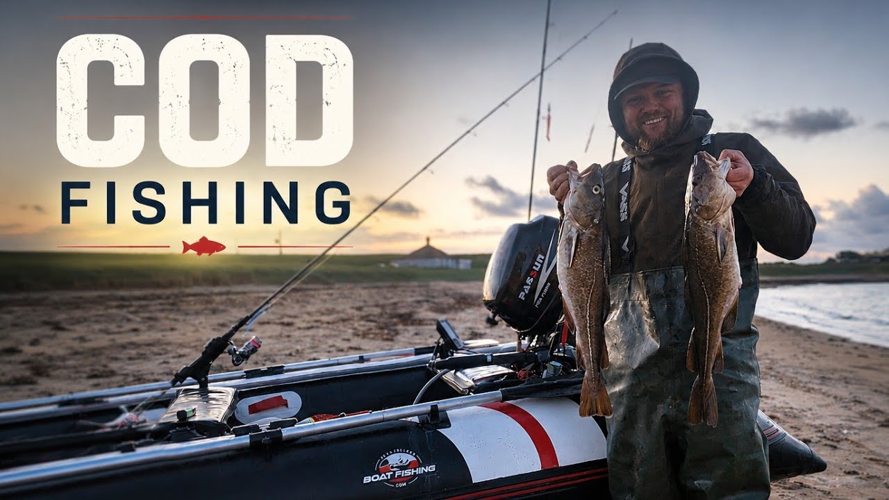 Angler holding two cod beside an inflatable fishing boat