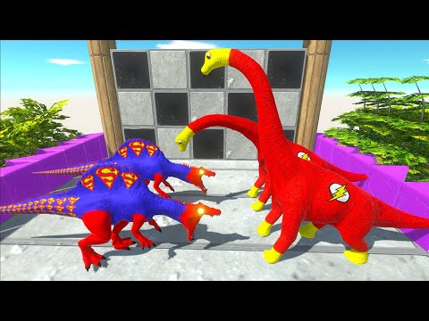 2X SUPERMAN SPINO vs 2X FLASH BRACHIOSAURUS vs BATMAN T-REX - Animal Revolt Battle Simulator