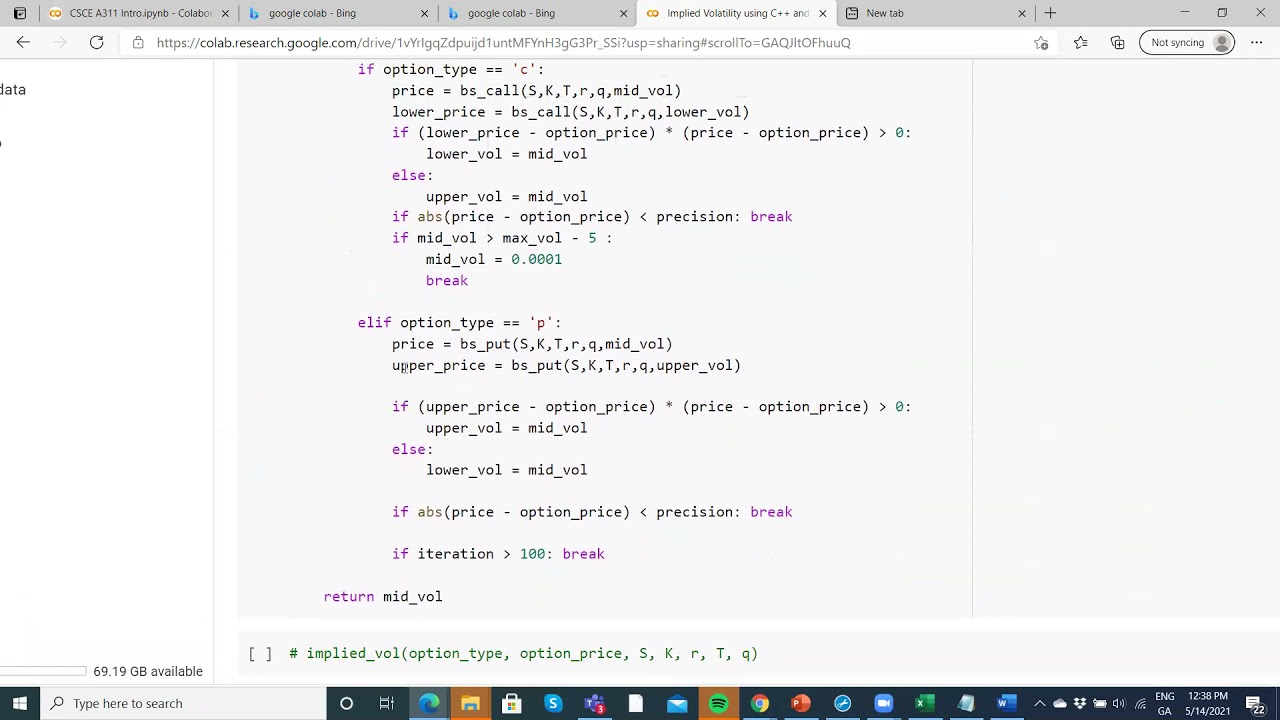 Python Code executed in Google Colab estimating Implied Volatility for Black Scholes Model