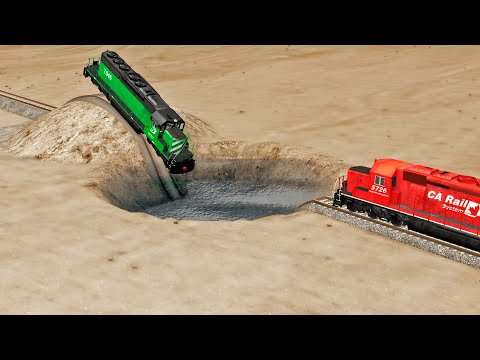 Trains vs Giant Bulge and Water Pit – BeamNG.Drive