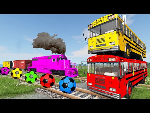 Double school bus vs rails and trains with trains avenger and funny cars