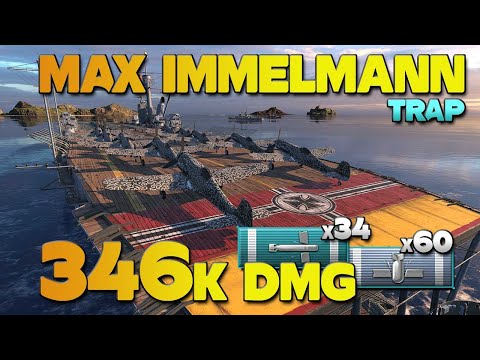Aircraft Carrier Max Immelmann on map Trap, 345k damage - World of Warships