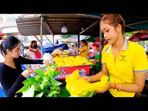 Most Popular Yellow Pancake, Spring Roll, Noodles, Grilled Chicken, & More - Street Food Cambodia