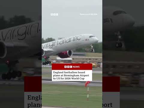 England footballers board plane at Birmingham Airport to US for 2026 World Cup. #BBCNews