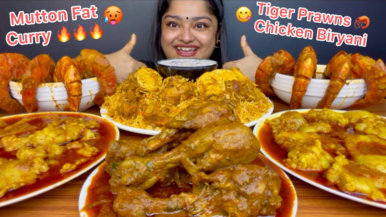 SPICY MUTTON FAT CURRY, TIGER PRAWNS CURRY, MURGIR LAL LAL JHOL, CHICKEN AND EGG HYDERABADI BIRYANI 