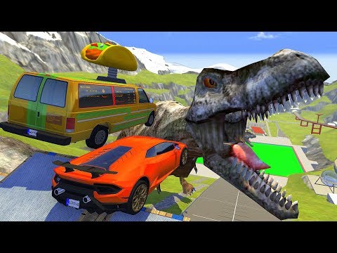 Crazy Vehicle High Speed Jumps Over Dinosaurus T-Rex In Green Slime Pool - BeamNG.drive Jumps