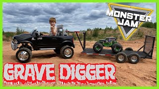 Kid Towing HUGE Grave Digger RC Monster Truck with Powered Ride On Truck and Trailer