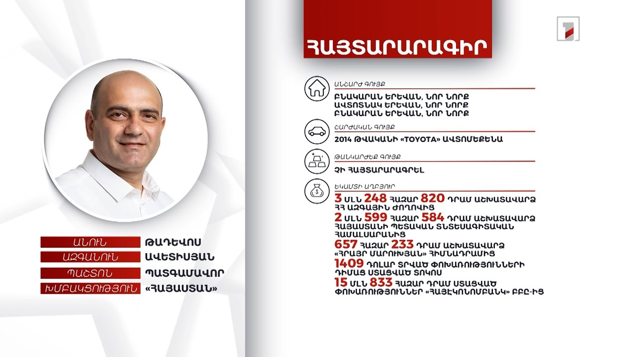 3 անշարժ գույք, ավտոմեքենա, 4000 դոլար. պատգամավոր Թադևոս Ավետիսյանի հայտարարագիրը