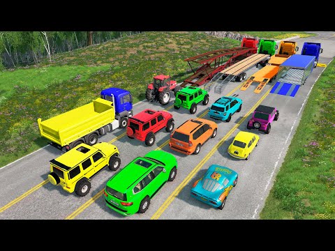 Flatbed Trailer Cars Transportation with Truck - Speedbumps vs Cars vs Train - BeamNG.Drive #91
