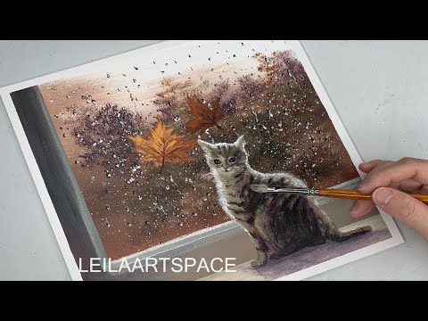 Rainy Window Painting Tutorial, Autumn Rainy Day Acrylic Painting Cat