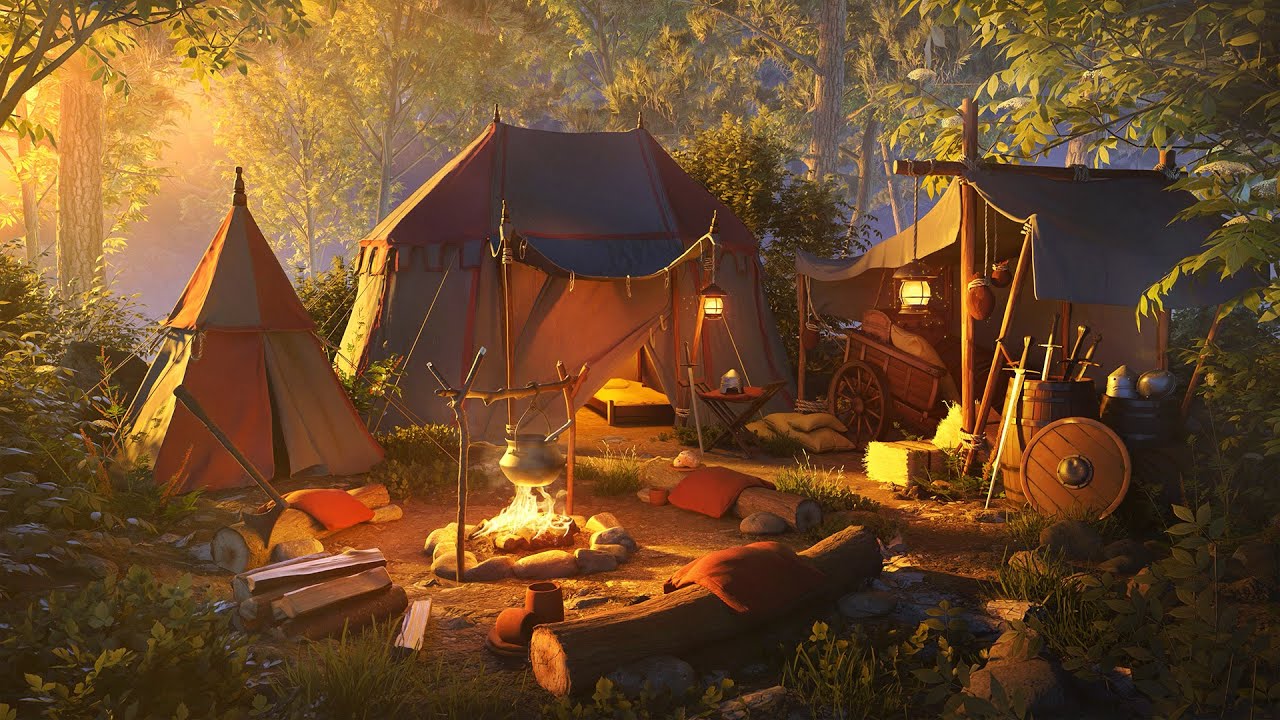 Medieval Campsite Ambience | Relaxing Nature, Crackling Fireplace