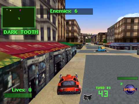 Twisted Metal 2 (PS1, 1997) DarkTooth's head (hack with GameShark) Where is his head? it is on map!