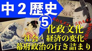 「化政文化、社会・経済の変化・幕府政治の行き詰まり」＜中２歴史⑤＞江戸庶民の文化、百姓一揆・打ちこわし、貨幣経済、工業の発達、幕府政治の行き詰まり（天保の改革）