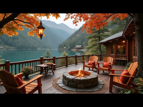 Autumn Lakeside Cabin Deck: Relaxing Fire Pit and Nature Sounds for Peaceful Ambiance, Relaxing