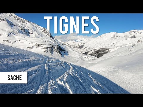Skiing 'sache' the longest single black piste in Tignes Val d'Isere.