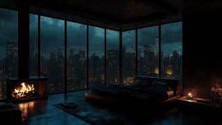 Rainy Urban Night from a Fireplace Room – Soothing Rain & Fire Sounds for Sleep and Calm