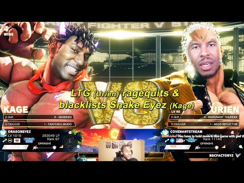 Street Fighter 5 (SFV) - LTG (Urien) ragequits & blacklists Snake Eyez (Kage)