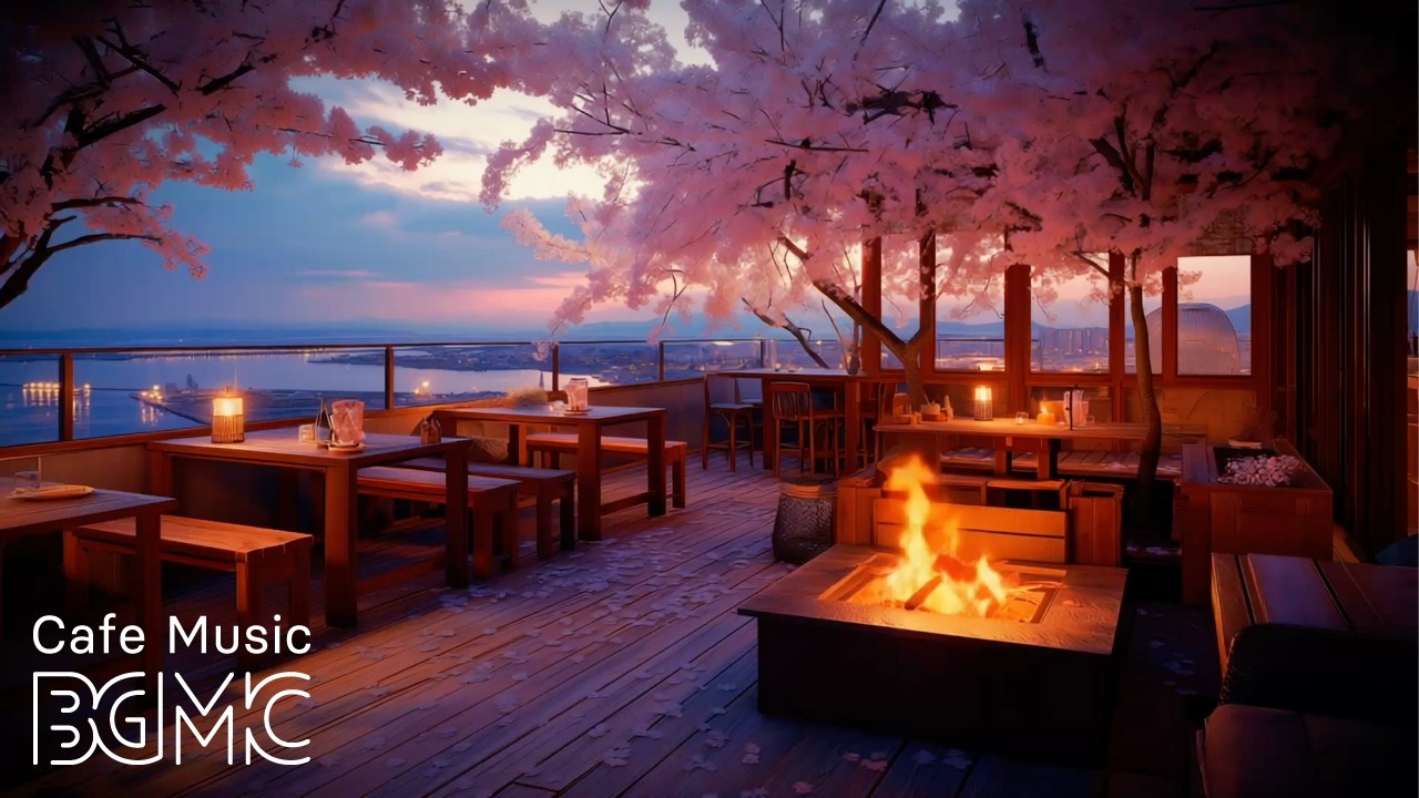 Hanami Sunset Cafe Music ☕ Cherry Blossom Terrace by the Sea — Slow Jazz & Bossa Nova for Evening