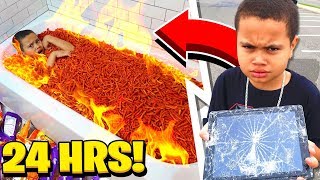 MY LITTLE BROTHER SAID YES TO EVERYTHING I SAID FOR 24 HOURS... [MUST WATCH] HOT CHEETOS BATHTUB!!!