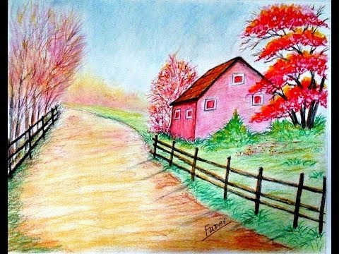 How to draw autumn scenery step by step with oil pastel || Six seasons drawing Video