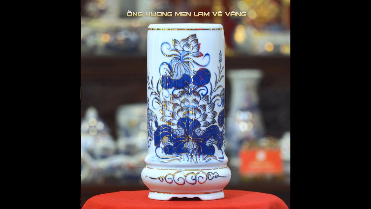 Ống Hương Đại Men Lam Vẽ Vàng Họa Tiết Hoa Sen