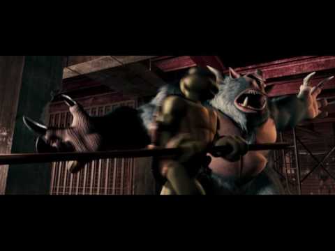 The Teenage Mutant Ninja Turtles are fighting with monsters on the construction site in the night