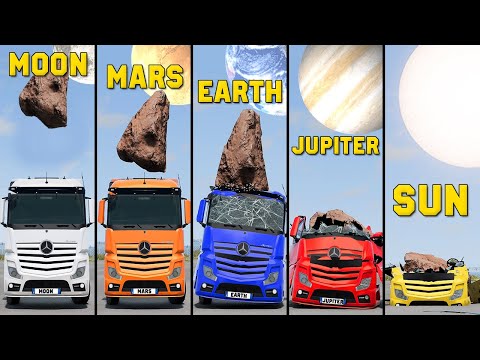 Gravity Difference VS Trucks - Earth, Moon, Mars, Jupiter, Sun - BeamNG Drive