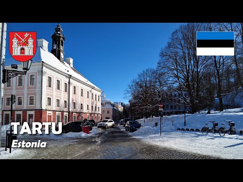 Tartu, Estônia. Um passeio pela cidade nevada em março de 2023. 4K