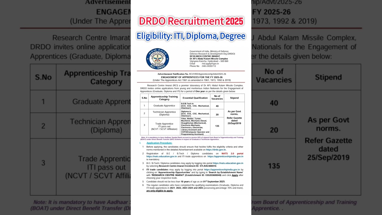 DRDO Recruitment 2025 | Eligibility: ITI, Diploma, Degree |DRDO Apprentice Recruitment 2025 Detailed