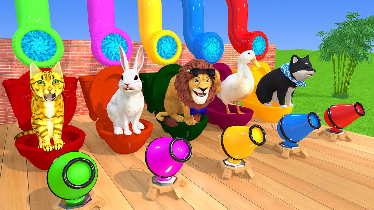 5 Giant Duck Cartoon,Cow,Mammoth,Elephant,Lion,Tiger Paint Wild Animals Fountain Crossing Animation