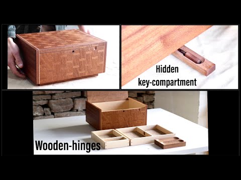 Jewelry box with hidden compartment, wooden-hinges, dovetailed drawers and parquet pattern