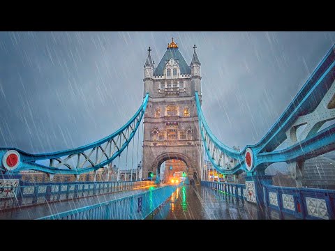 London Rain Walk - Early Morning City of London Ambience to Iconic Tower Bridge - 4K 60FPS