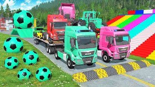 Flatbed Trailer McQueen Transportation with Truck - Speedbumps vs Cars vs Train - BeamNG.Drive #03
