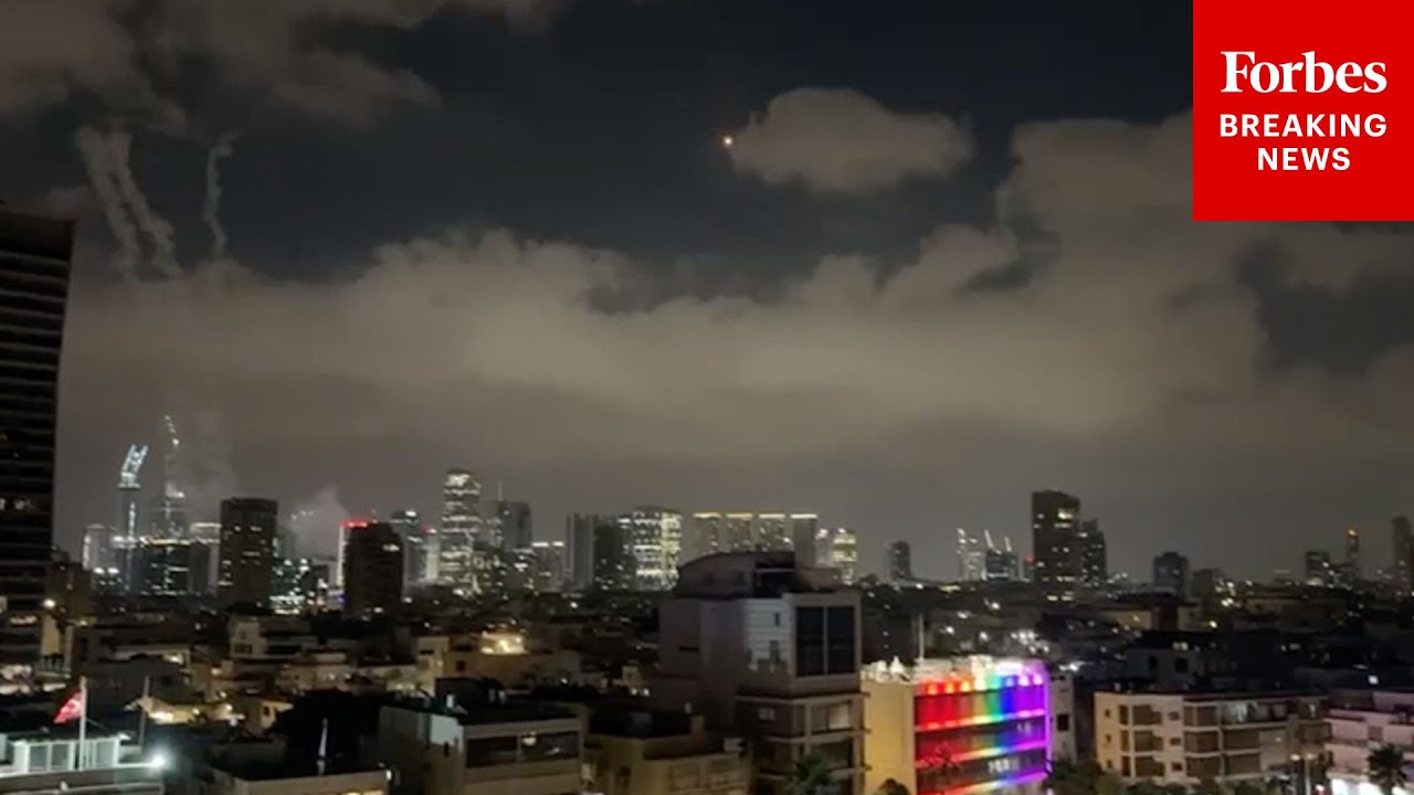 RAW VIDEO: Explosions Are Seen In The Sky Above Tel Aviv, Israel, As Iran Continues Missile Strikes