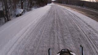 Old Forge NY Snowmobiling Trail Conditions 1/10/25. Trail 6 at dusk.