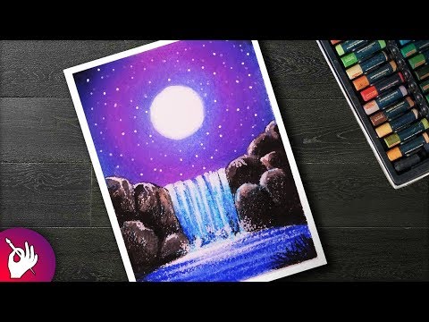How to DRAW Moonlight waterfall Scenery with Oil Pastels step by step