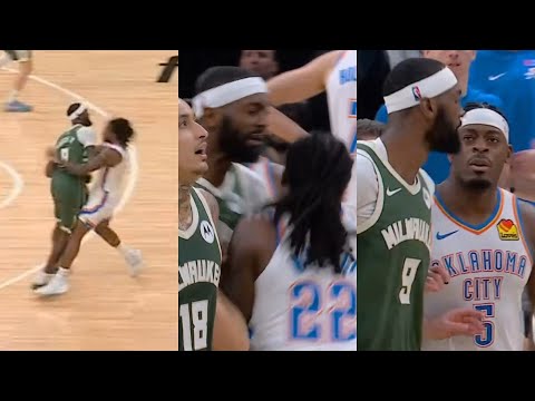 Bobby Portis bumps Cason Wallace off ball then Wallace bumps back and Dort has words