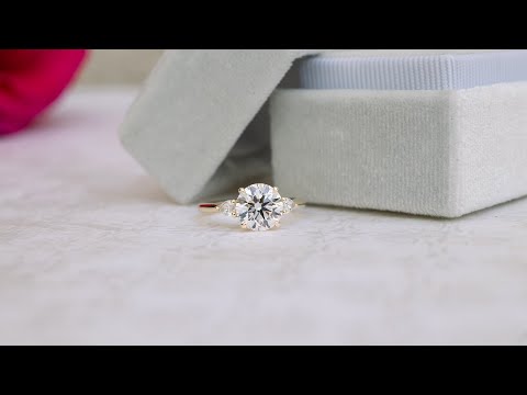 1.75ct Round Lab Diamond Three Stone Ring with Pear Side Stones in 14k Yellow Gold | Ada Diamonds