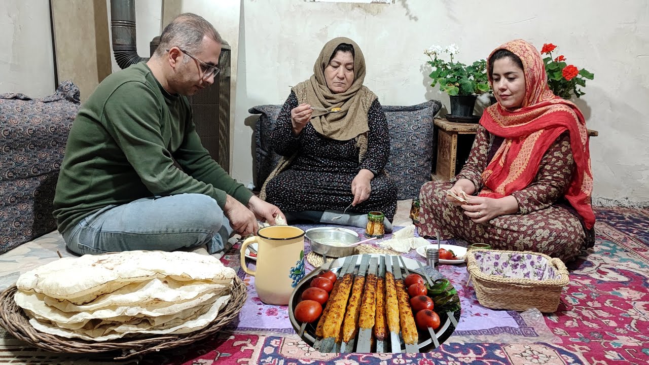 Iran Village Life on a snow Day | Wood-Fired Tandoor & Juicy Kebabs 🍖🔥