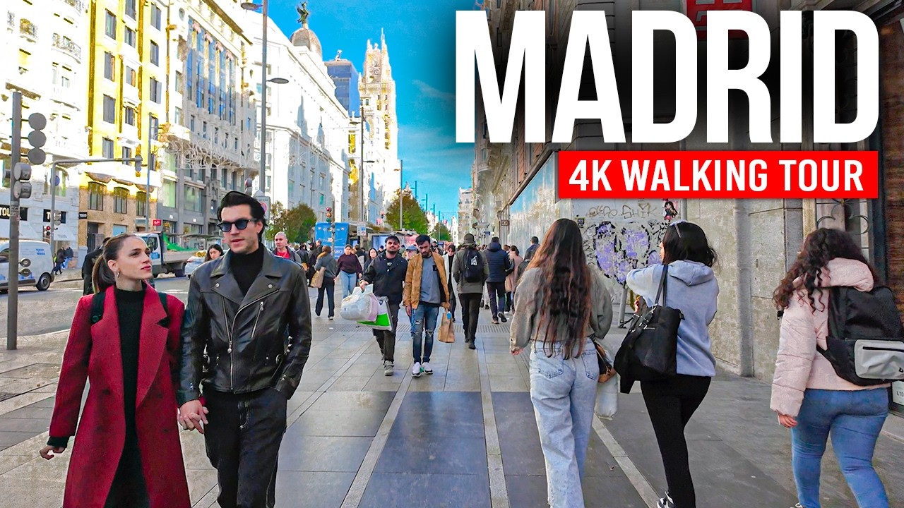 Immersive street-level walking tour through Madrid Gran Via, Spain, showcasing authentic urban landscapes, local architecture, and the vibrant atmosphere of the city's neighborhoods