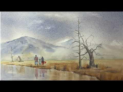 Paint a simple watercolor Rainy / overcast Atmosphere Landscape Painting | Moody Mountain Scene