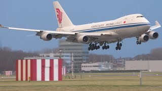 Air China Cargo 747-400 crosswind landing Optically Stabilized & water spray