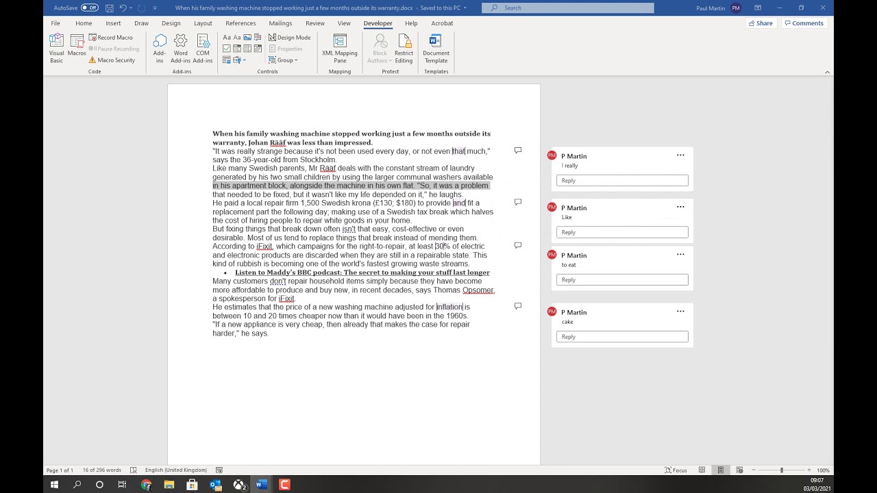 export comments from word to excel